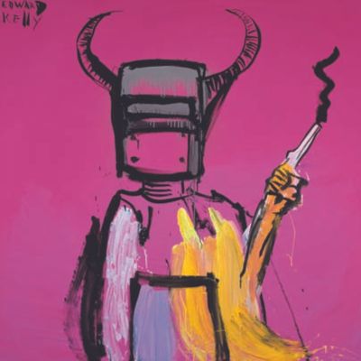 An abstract painting of Ned Kelly on a hot pink background